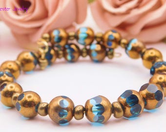 Copper and Aqua Memory Wire Beaded Bracelet: Adjustable