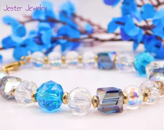 Sparkly Blue, Clear, and Gold Beaded Bracelet with Extender Chain: Adjustable