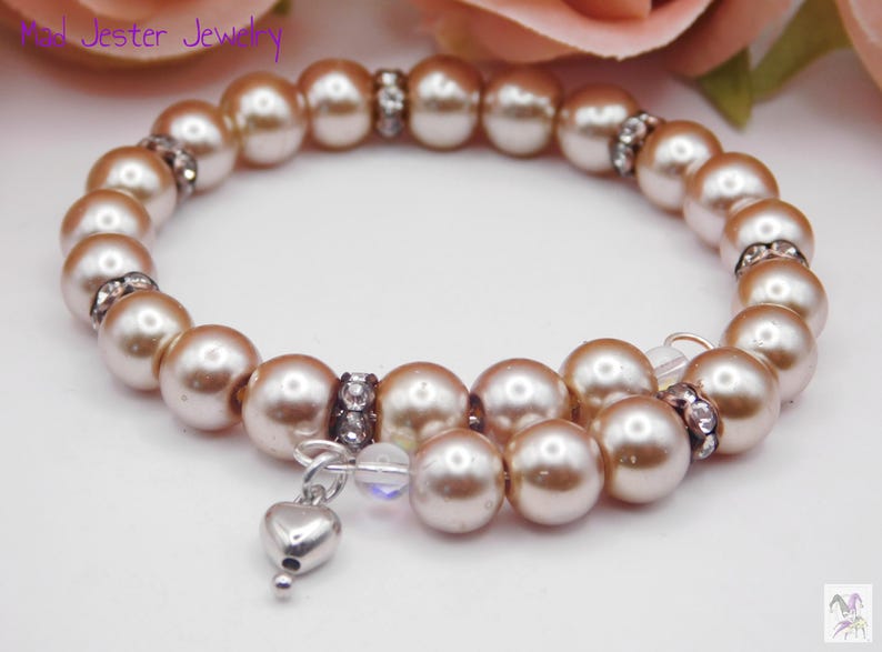 Beige Faux Pearl Memory Wire Bracelet image 1