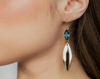 Blue gold dangle earrings, Gold dangle earrings, Gold teardrop earring, Long dangle earrings, Swarovski earrings, Blue wedding earrings