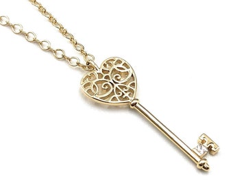 Key necklace, Long necklace with pendant, Long necklace for women, Gold heart necklace, Gold anniversary necklace, Long gold necklace