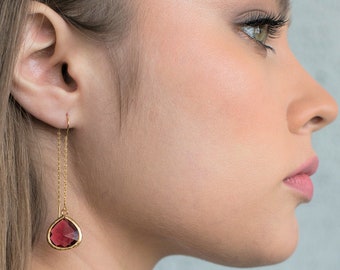 Gold dangle earrings, Gold teardrop earrings, Garnet earrings, Ruby earrings, Red gold earrings, Threader earrings, Dangle chain earrings