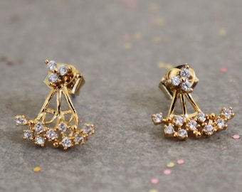 Jacket earrings, Double side earrings, Front back earrings, Wedding studs, Flower earrings, Gold bridal earrings, Small gold earrings