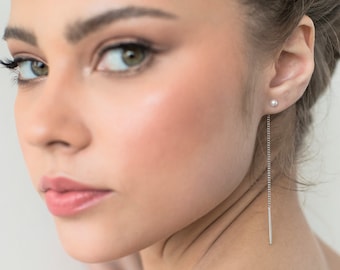 Ear jacket, Double sided earrings, Silver pearl earrings, Modern earrings, Long dangle earrings, Silver chain earrings, Front back earrings