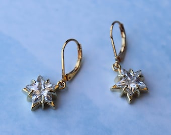 Star earrings, Gold star jewelry, Star dangle earrings, Gold dangle earrings, CZ earrings, Celestial earrings. Gold christmas earrings