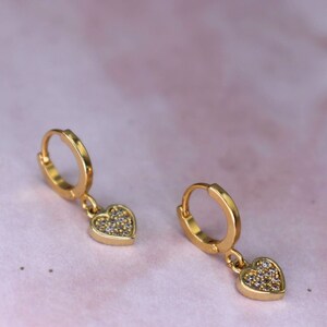 Dangle heart earrings, Gold heart earrings, Hoop dangle earring, Huggie earrings, Hoop with charm earrings, Heart earrings, Bff gift