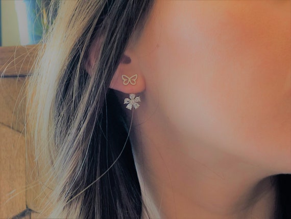 Ear jacket, Front back earrings, Silver flower earrings, Butterfly earrings, Modern earrings, Double side earrings, Jacket earrings