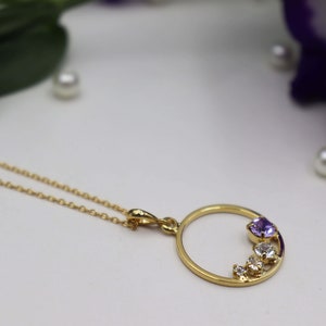 Gold purple necklace, Purple necklace, Amethyst necklace, Round pendant necklace, Elegant necklace, Gold plated necklace, Wedding necklace