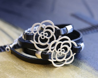 Leather bracelet for women, Wrap bracelet, Black leather bracelet, Black silver bracelet, Wrap bracelet for women, Flower bracelet