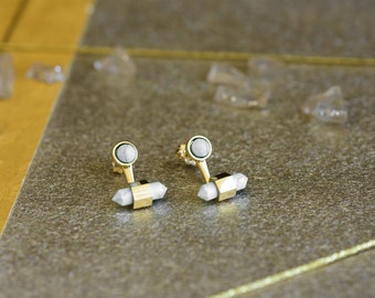 Jacket earrings, Front back earrings, Double side earring, Small gold earrings, Geometric gold earrings, Modern earrings, Grey earrings