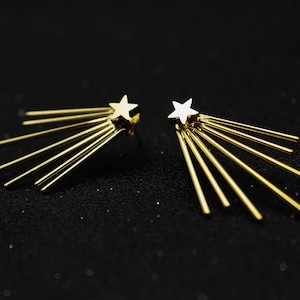 May include: A pair of gold-colored starburst earrings. Each earring features a star at the top with multiple straight, thin rods radiating outwards. The earrings are set against a dark, speckled background.