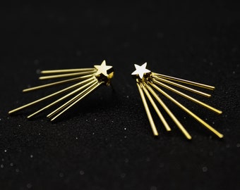 Star earrings, Front back earrings, Gold star jewelry, Ear jacket, Double side earrings, Modern earrings, Gold statement earrings