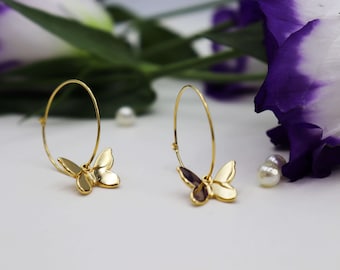 Gold dangle earrings, Hoop with charm, Butterfly Earrings, Hoop dangle earrings, Gold butterfly jewelry, Gold hoop earrings, Gold earrings