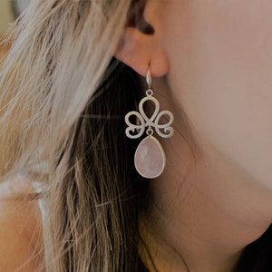 Rose quartz earrings, Silver pink dangle earrings, Pink silver earrings, Silver teardrop earrings, Pink wedding earrings, Pink stone earring