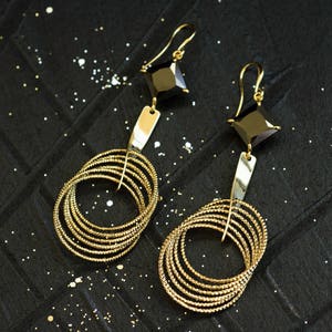 Gold drop earrings, Gold dangle earrings, Black gold drop earrings, Black and gold earrings, Black wedding earrings, Unique gold earrings