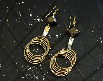 Gold drop earrings, Gold dangle earrings, Black gold drop earrings, Black and gold earrings, Black wedding earrings, Unique gold earrings