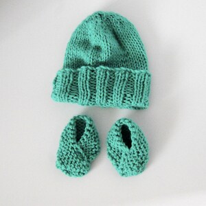 Teal Hand-Knit Baby Bundle, Booties and Hat Set