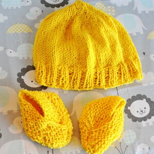 Sunshine Yellow Organic Cotton Hand-Knit Baby Bundle, Wrap Booties and Hat Set