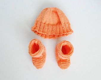 Coral Organic Cotton Hand-Knit Baby Booties and Hat Set