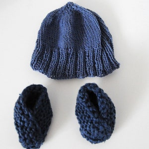 Navy Blue Cotton Hand-Knit Baby Bundle, Booties and Hat Set