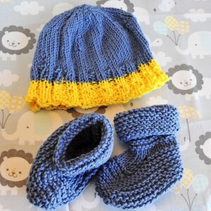 Blue Organic Cotton Hand-Knit Baby Bundle, Booties and Hat Set