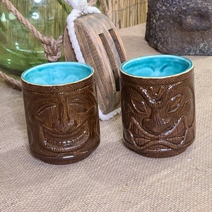 2 Tiki Cups with Tiki Faces/Double Sided Tiki Mug Dark Brown