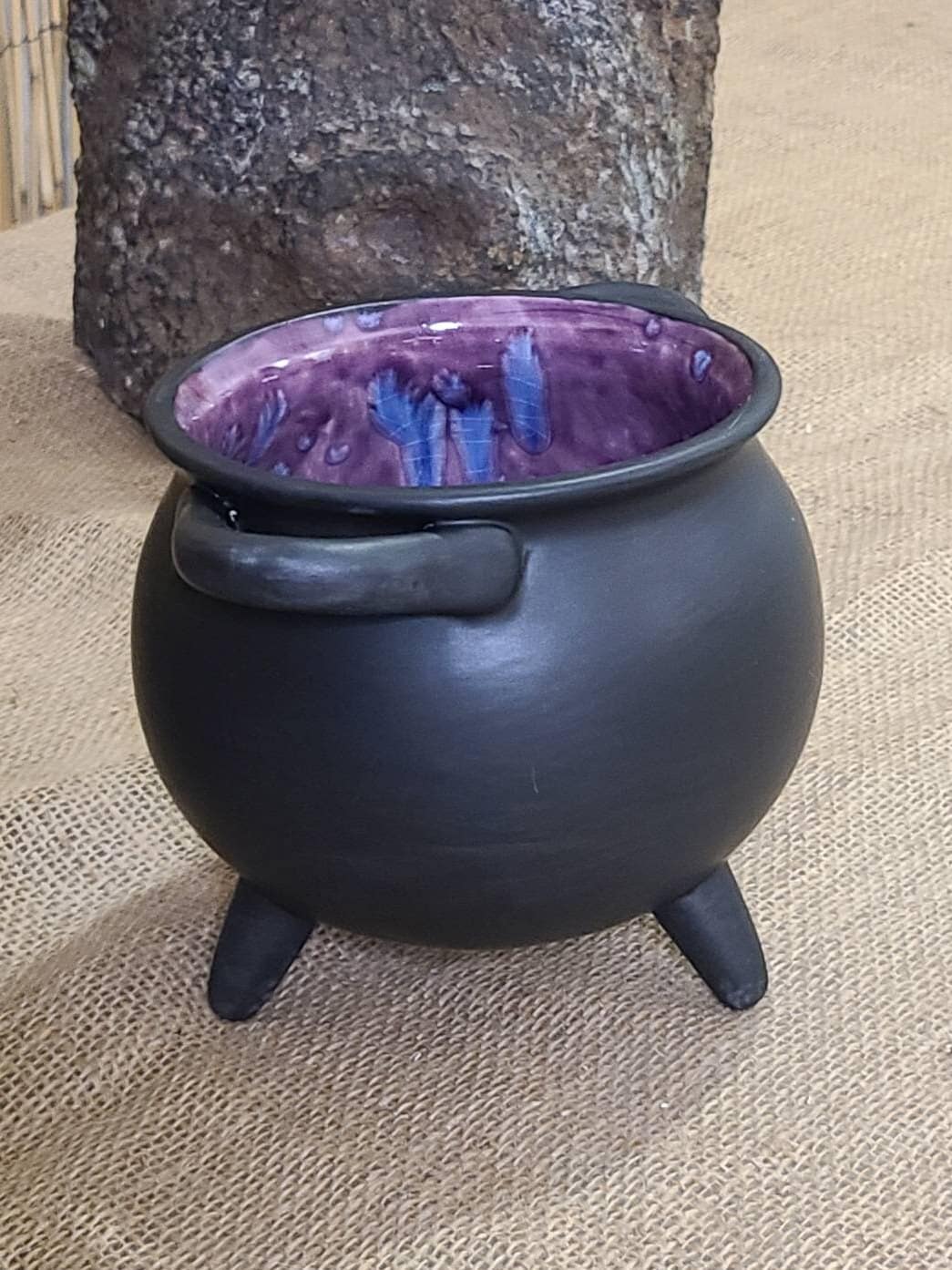 Witches Cauldron Bowl Matte Black Hand Glazed Purple with Blue Speckled Interior