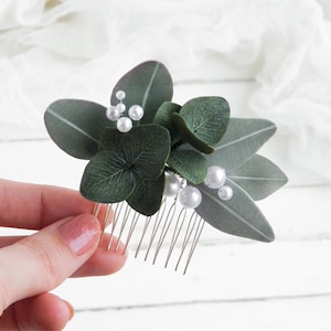 Pente de cabelo de casamento com folhagens Pérolas de eucalipto Peça de cabelo de noiva Acessório de cabeça floral para noiva