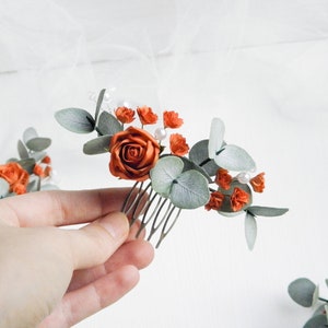 Terracotta wedding hair comb Eucalyptus bridal hair piece Fall flowers hair pins Floral headpiece for bride Midi comb 4.5"