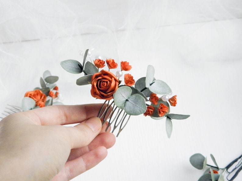 Terracotta wedding hair comb Eucalyptus bridal hair piece Fall flowers hair pins Floral headpiece for bride Midi comb 4.5"