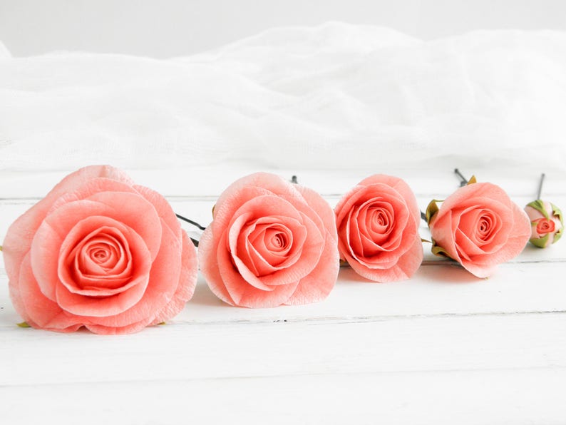 Rose head piece Living coral wedding Real touch flower hair piece Bridal hair pins set 5 Floral hair clip for bride Bridesmaid hair pin