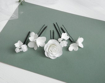 White flower hair pins Wedding floral hair pins for bride Bridal hair piece Rose headpiece for bridesmaid