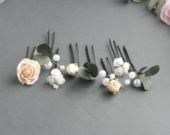 Peach flower hair pins Eucalyptus bridal hair piece Floral hair piece pearl for bride