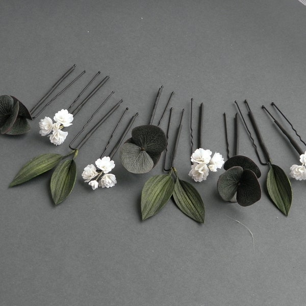 Eucalyptus hair piece Babys breath hair pins Greenery hair pin Flower hair pins Bridal hair piece Wedding floral hair piece bride