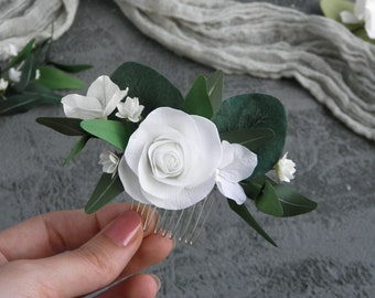 Eucalyptus bridal hair comb Rose flowers wedding headpiece Greenery floral hair comb for bride Bridal hair piece