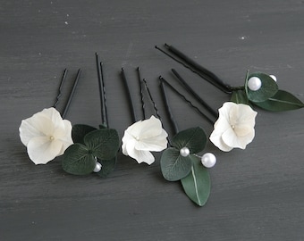 Flower hair pins Bridal hair pins Floral hair pin ivory Pearl hair clip Wedding floral hair piece Eucalyptus bridal hair pieces