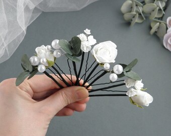 White flower hair pins Eucalyptus bridal hair piece Floral headpiece pearl for bride Greenery hair pins