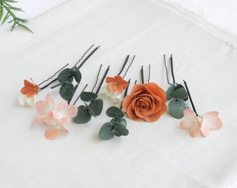 Bridal eucalyptus hair pins Terracotta wedding hair piece Flowers hair pins Floral headpiece