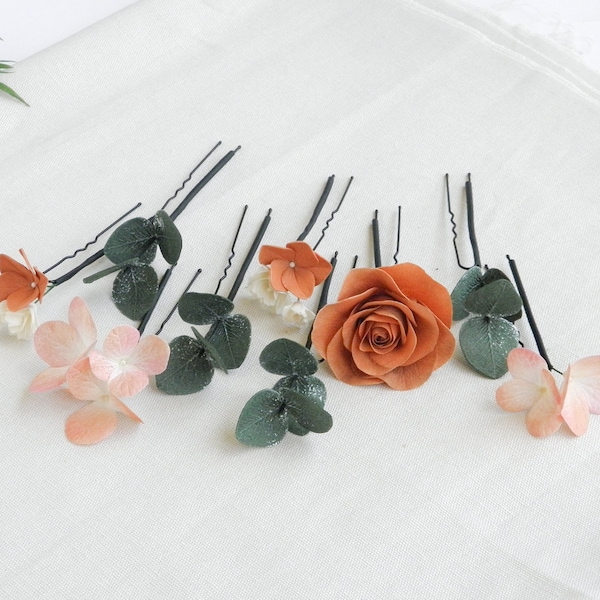 Bridal eucalyptus hair pins Terracotta wedding hair piece Flowers hair pins Floral headpiece