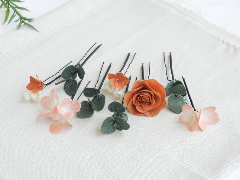 Bridal eucalyptus hair pins Terracotta wedding hair piece Flowers hair pins Floral headpiece image 1