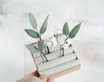 Pièce de cheveux d'eucalyptus Épingles à cheveux de babys Breath Coiffure de mariage pour la mariée Pièce de cheveux de verdure de mariée Épingles à cheveux de gypsophile