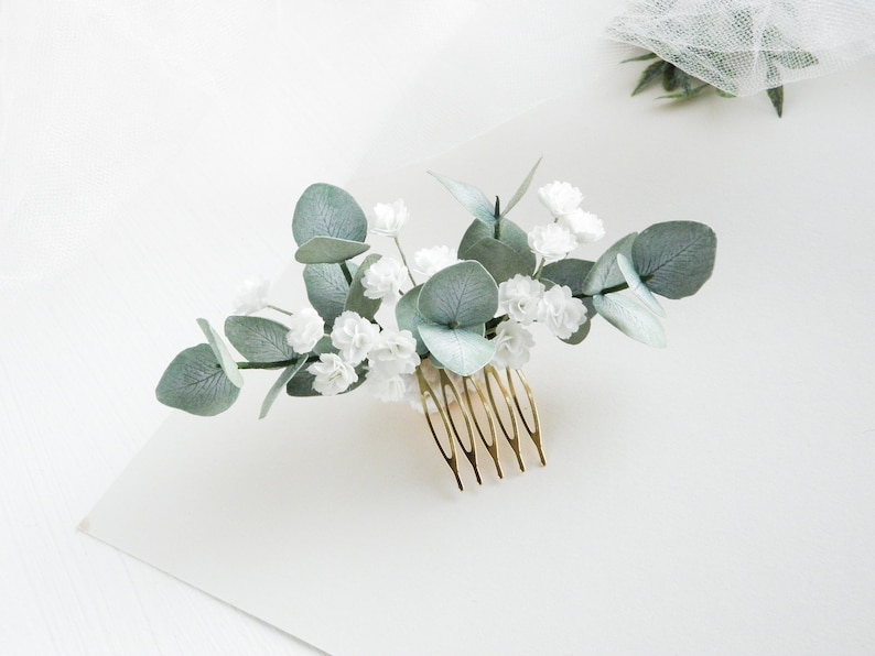 Babys Atem Eukalyptus Haarkamm Hochzeit Kopfschmuck für Braut Greenery Haarteil Braut Blumen Haarkamm Bild 3