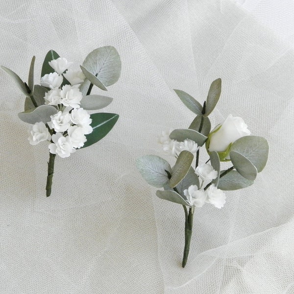 Weißer Boutonniere für Männer Hochzeit Boutonniere Schleierkraut Boutonniere Eukalyptus Schleierkraut Haarkamm Braut Haarteil