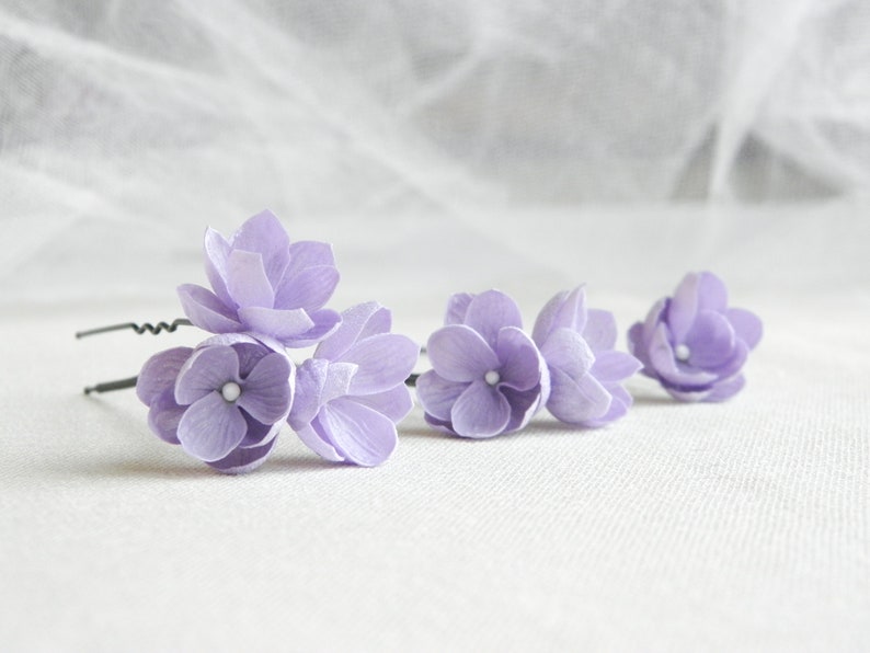 Lilac bridal hair pins with small flowers Floral wedding hair piece Flower headpiece for bride Floral bobby pins image 1