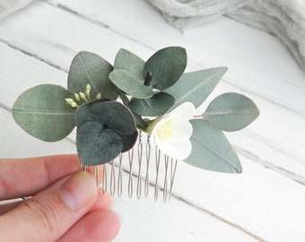 Petit peigne à cheveux en eucalyptus, Postiche de mariage de verdure, Pièce de tête florale pour la mariée, Peigne de mariée tropical