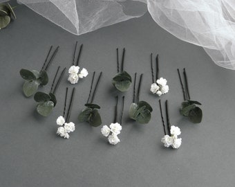 Eucalyptus Babys breath hair pins Greenery bridal hair piece Wedding floral headpiece Green leaf hair clip