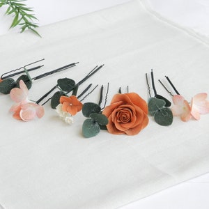 Bridal eucalyptus hair pins Terracotta wedding hair piece Flowers hair pins Floral headpiece image 2