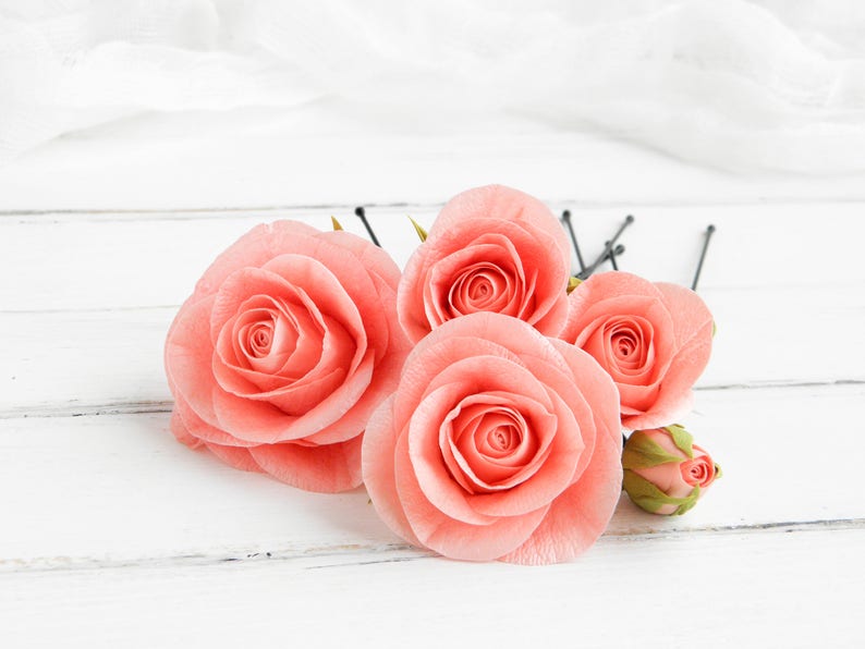 Rose head piece Living coral wedding Real touch flower hair piece Bridal hair pins set 5 Floral hair clip for bride Bridesmaid hair pin