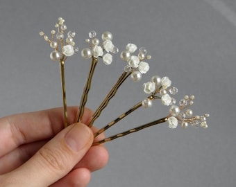 Bridal Pearl Hair Pins, Babys Breath Wedding Hair Piece, Flower Bobby Clip For Bride