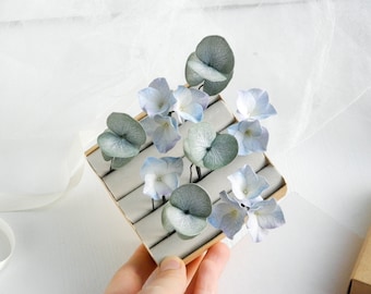 Hydrangea bridal hair piece Eucalyptus blue wedding hair pins Flowers headpiece